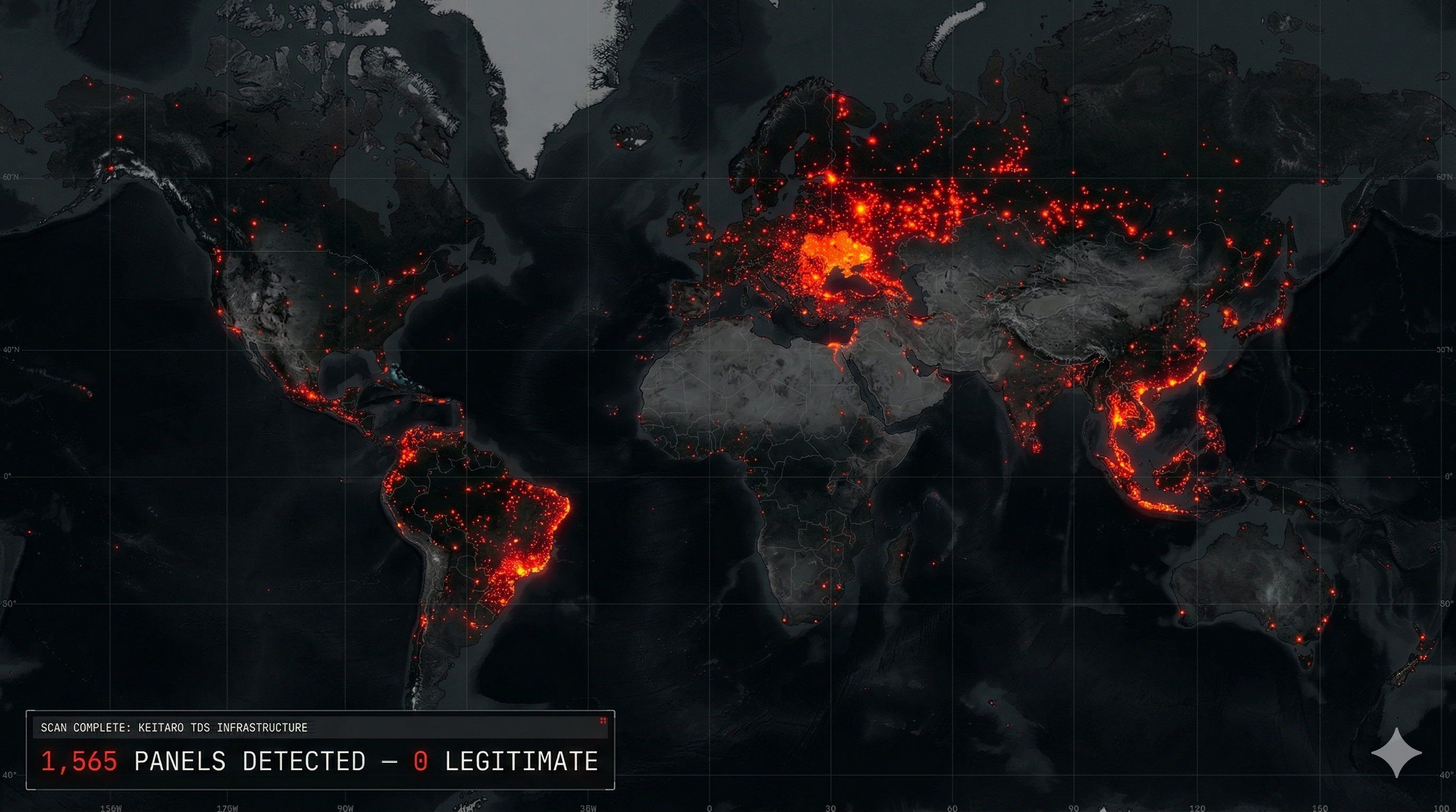 World heat map: 1,565 Keitaro TDS panels detected across the globe, 0 legitimate uses found