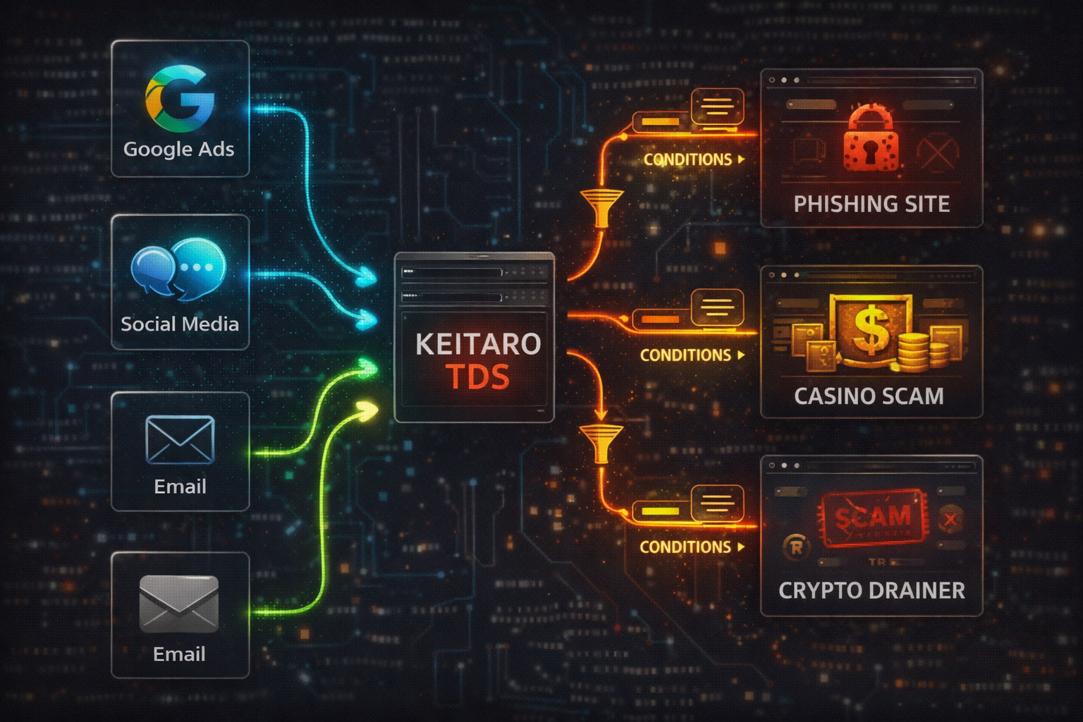 Keitaro TDS traffic distribution: Google Ads, social media, email inputs routed through conditions to phishing site, casino scam, or crypto drainer