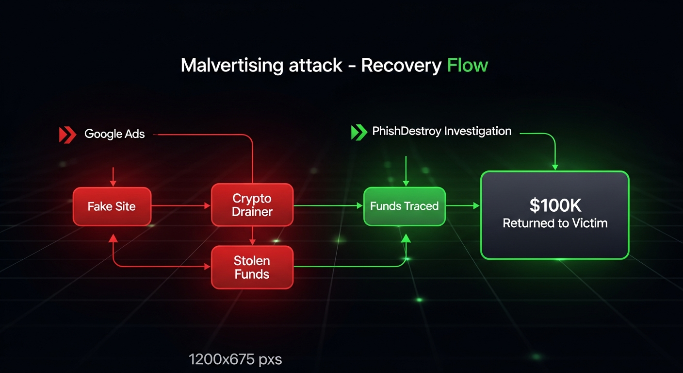 Malvertising attack and recovery flow: Google Ads to fake site to crypto drainer to stolen funds, then PhishDestroy investigation traces funds and $100K returned to victim