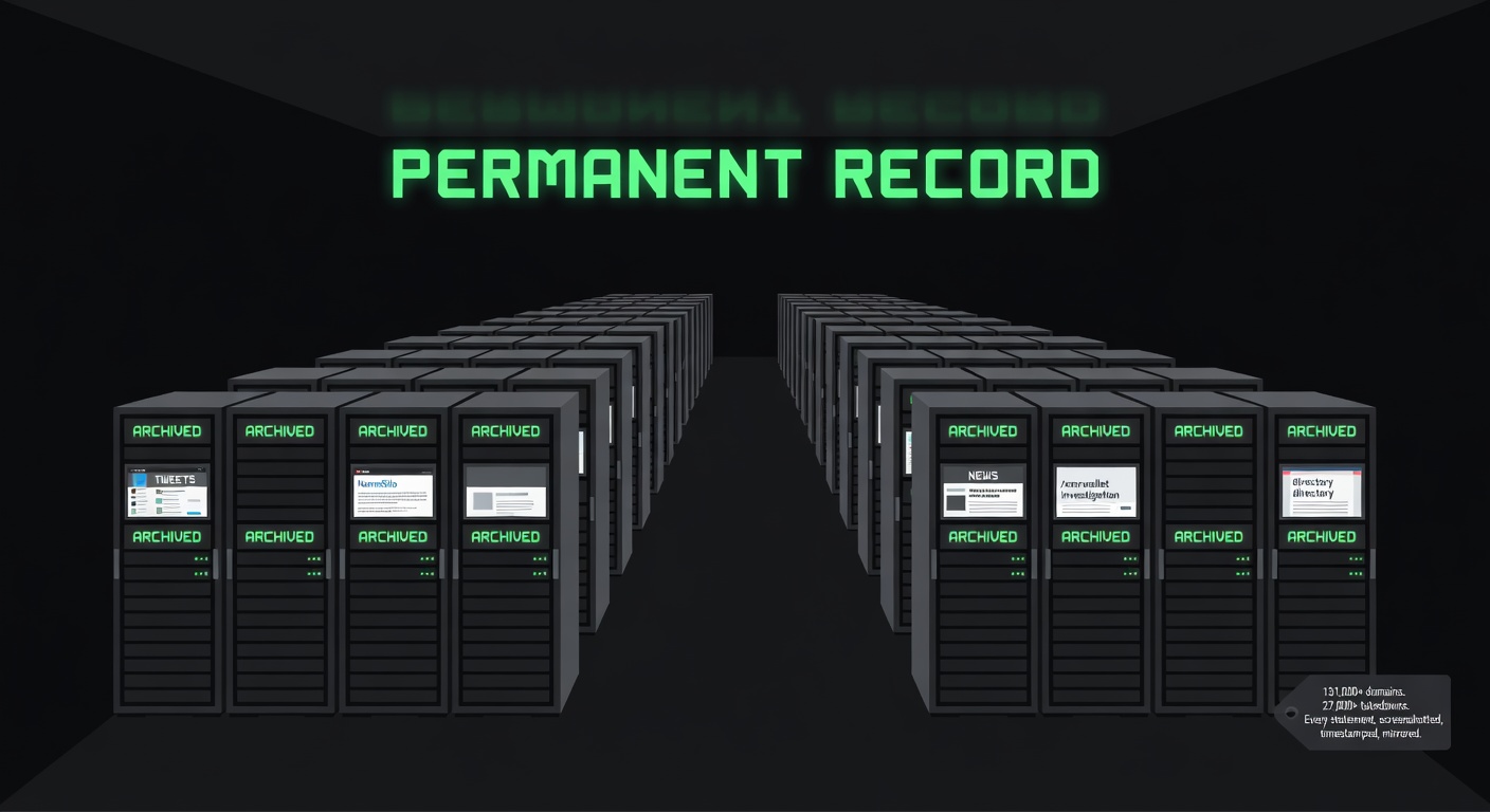 Server racks with ARCHIVED labels and screenshots of NameSilo statements
