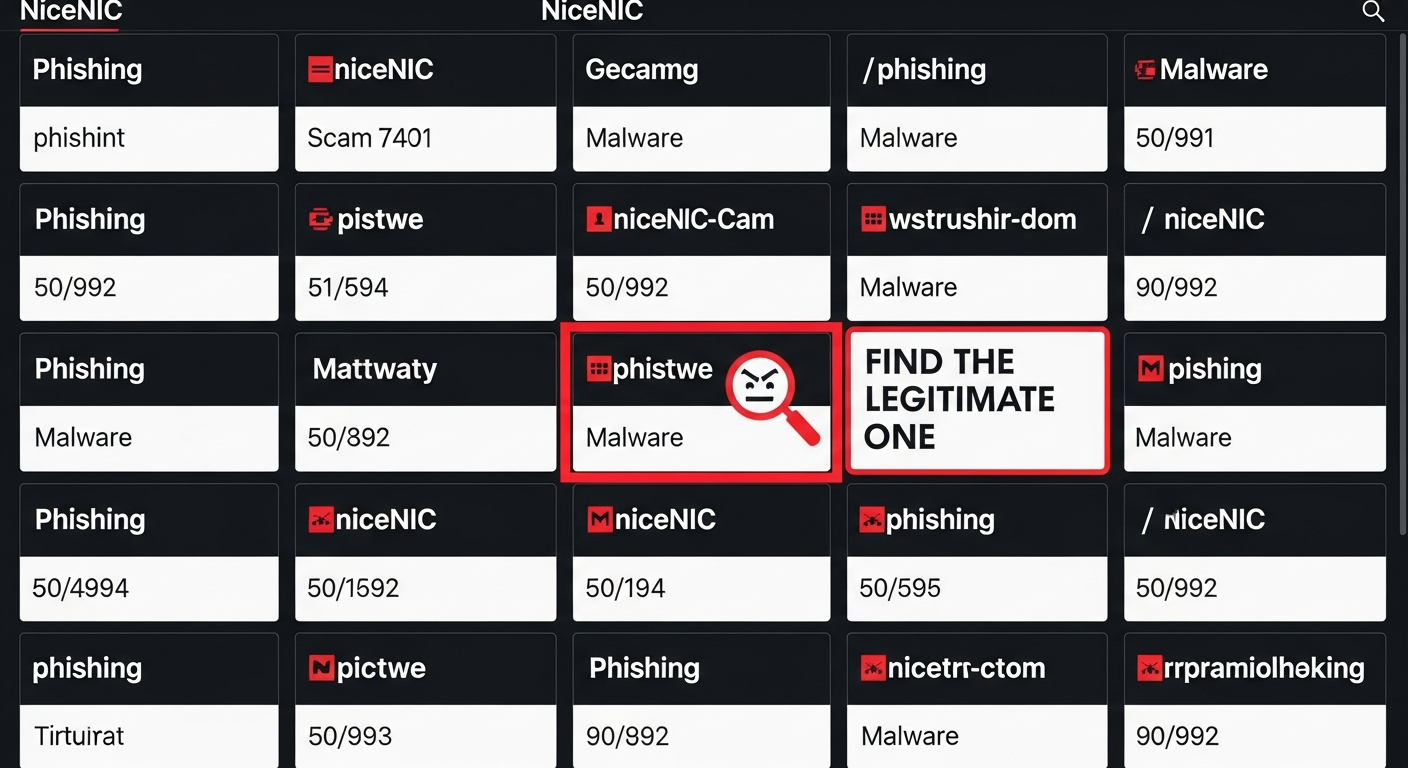 Grid of dozens of NiceNIC domains all flagged as phishing and malware - find the legitimate one