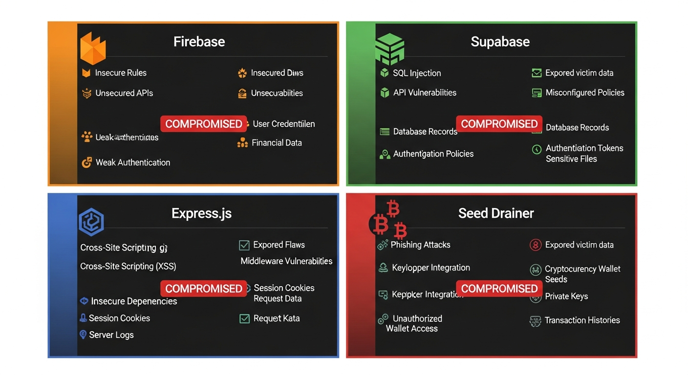 Four scam backend types exposed: Firebase, Supabase, Express.js, Seed Drainer - all COMPROMISED