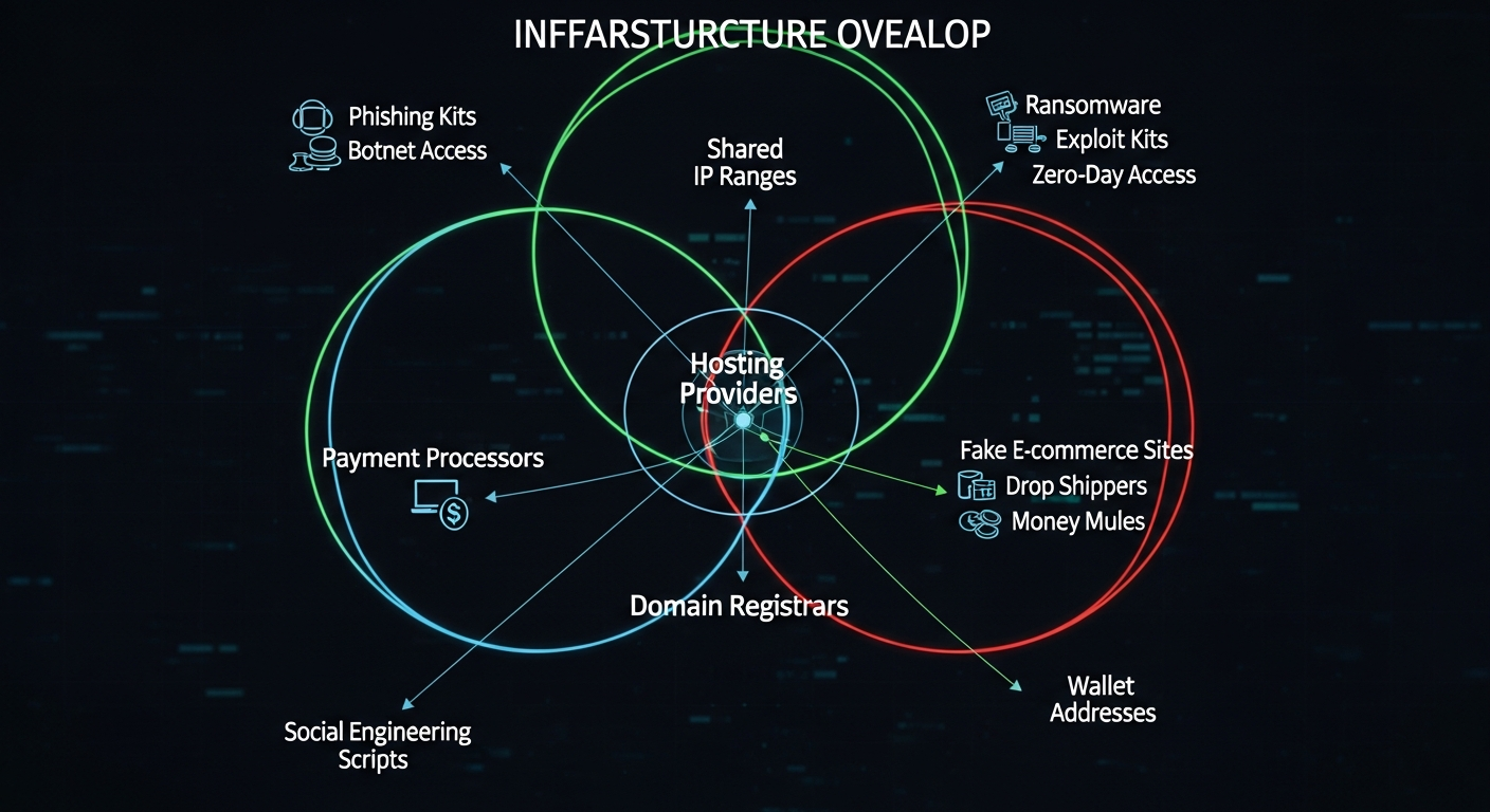Venn diagram showing infrastructure overlap between phishing kits, ransomware, payment processors, and domain registrars