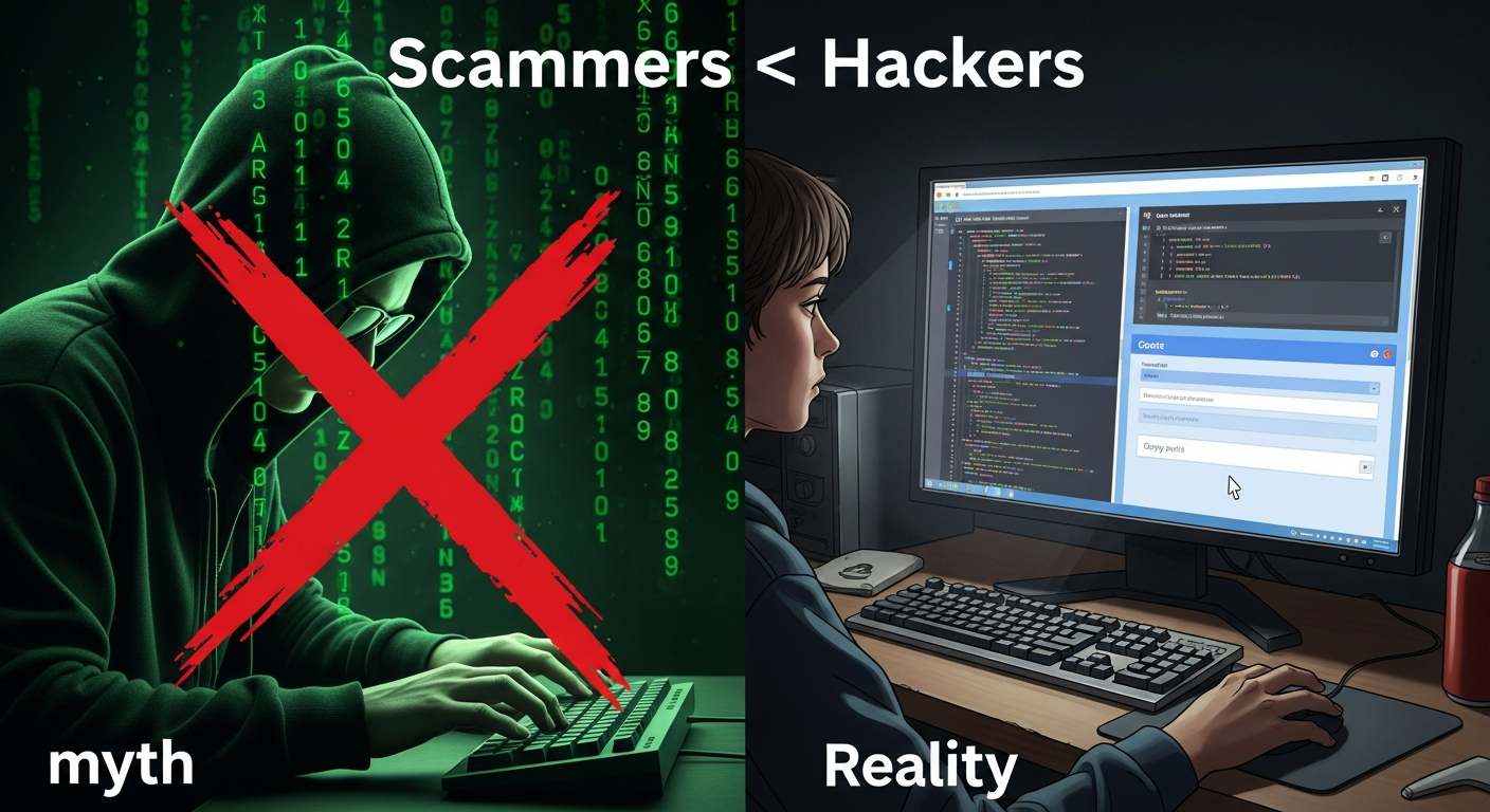 Scammers are not hackers - myth shows hooded figure with Matrix code, reality shows ordinary person at computer