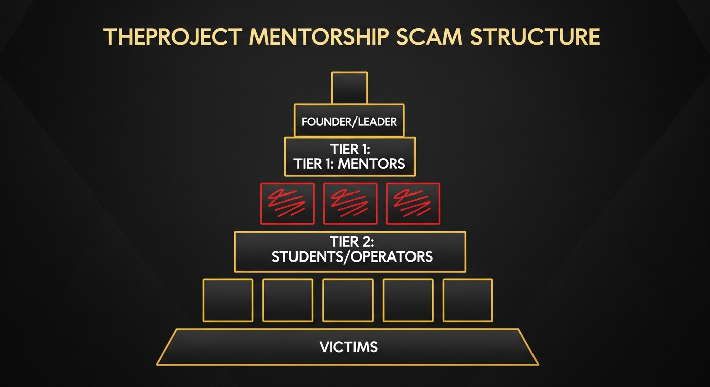 TheProject mentorship scam pyramid: Founder/Leader at top, Tier 1 Mentors, Tier 2 Students/Operators, Victims at bottom