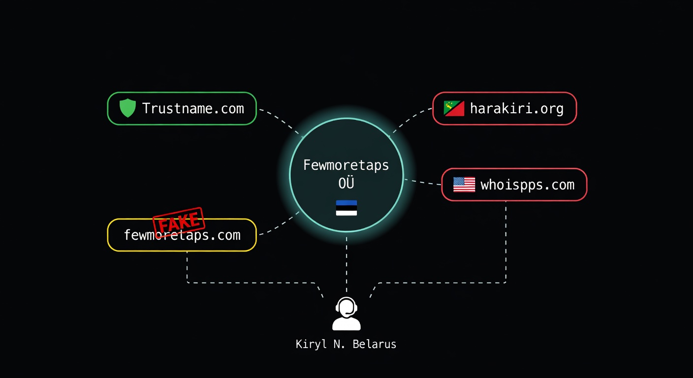 Fewmoretaps OU corporate structure — Trustname.com, harakiri.org, whoispps.com under single Belarusian operator