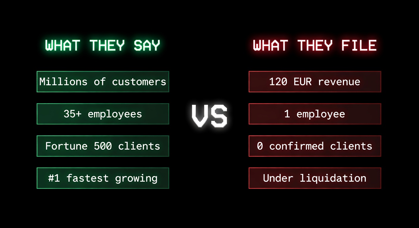 Trustname claims vs Estonian tax filings — millions of customers vs 120 EUR revenue