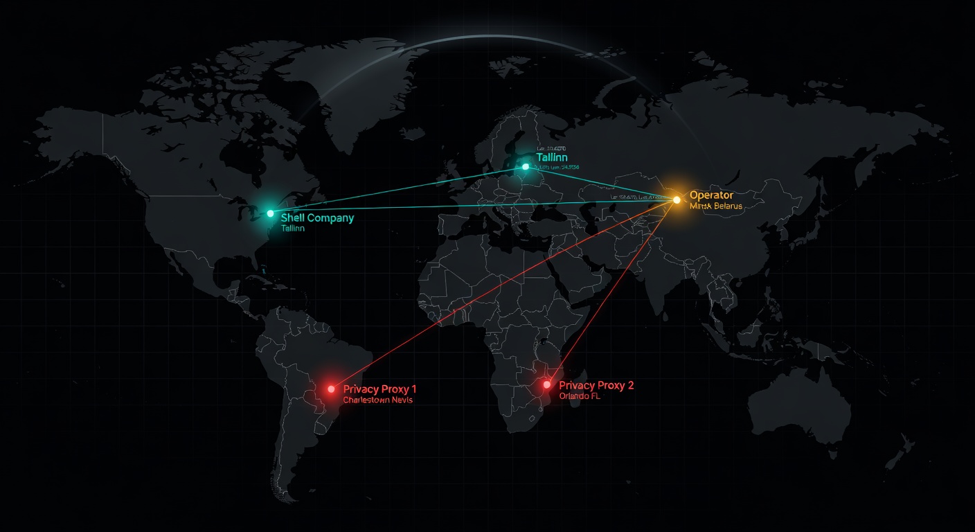 World map showing Estonia shell, St Kitts proxy, Florida proxy, Belarus operator connections