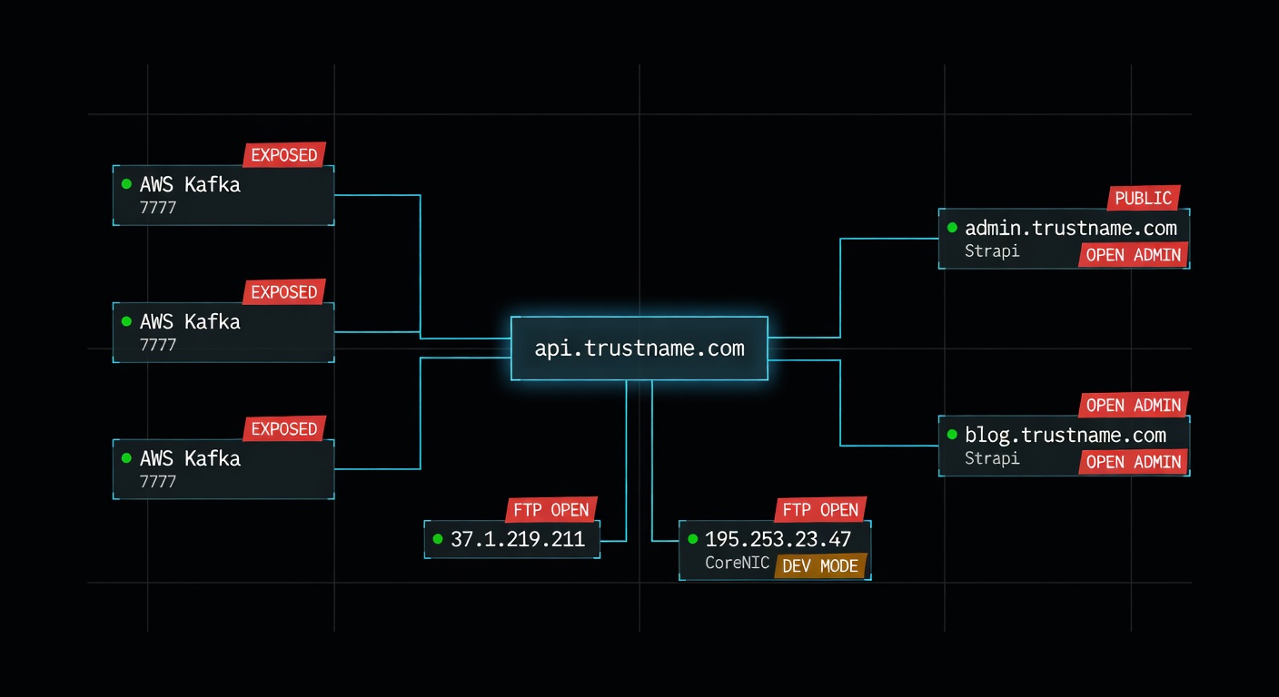 Trustname infrastructure diagram showing exposed Kafka ports, open admin panels, FTP on origin