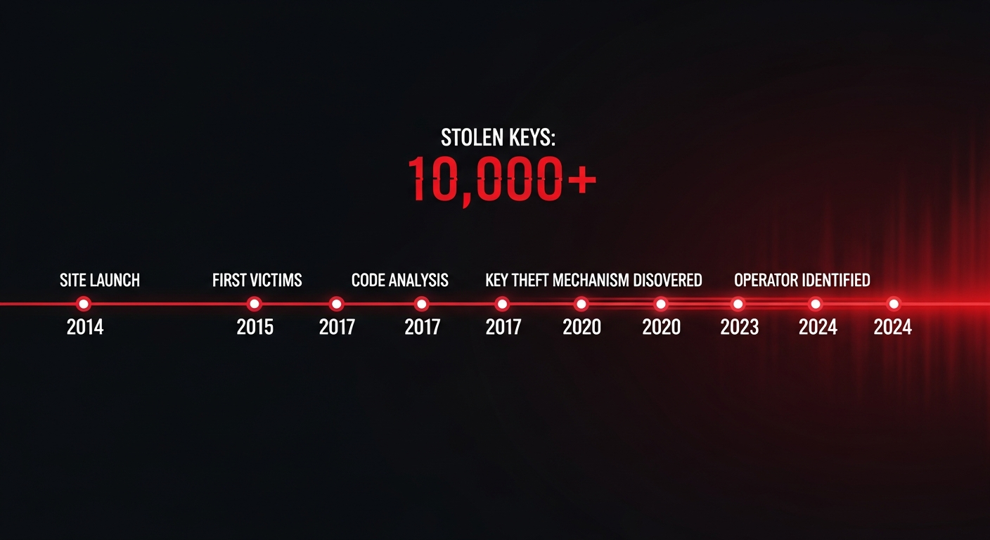 Timeline 2014-2024: xmrwallet.com 10,000+ stolen keys - from site launch through first victims to operator identified