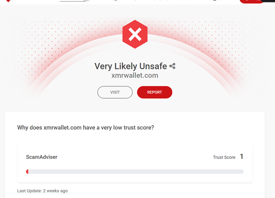 ScamAdviser showing xmrwallet.com as Very Likely Unsafe with Trust Score 1 out of 100