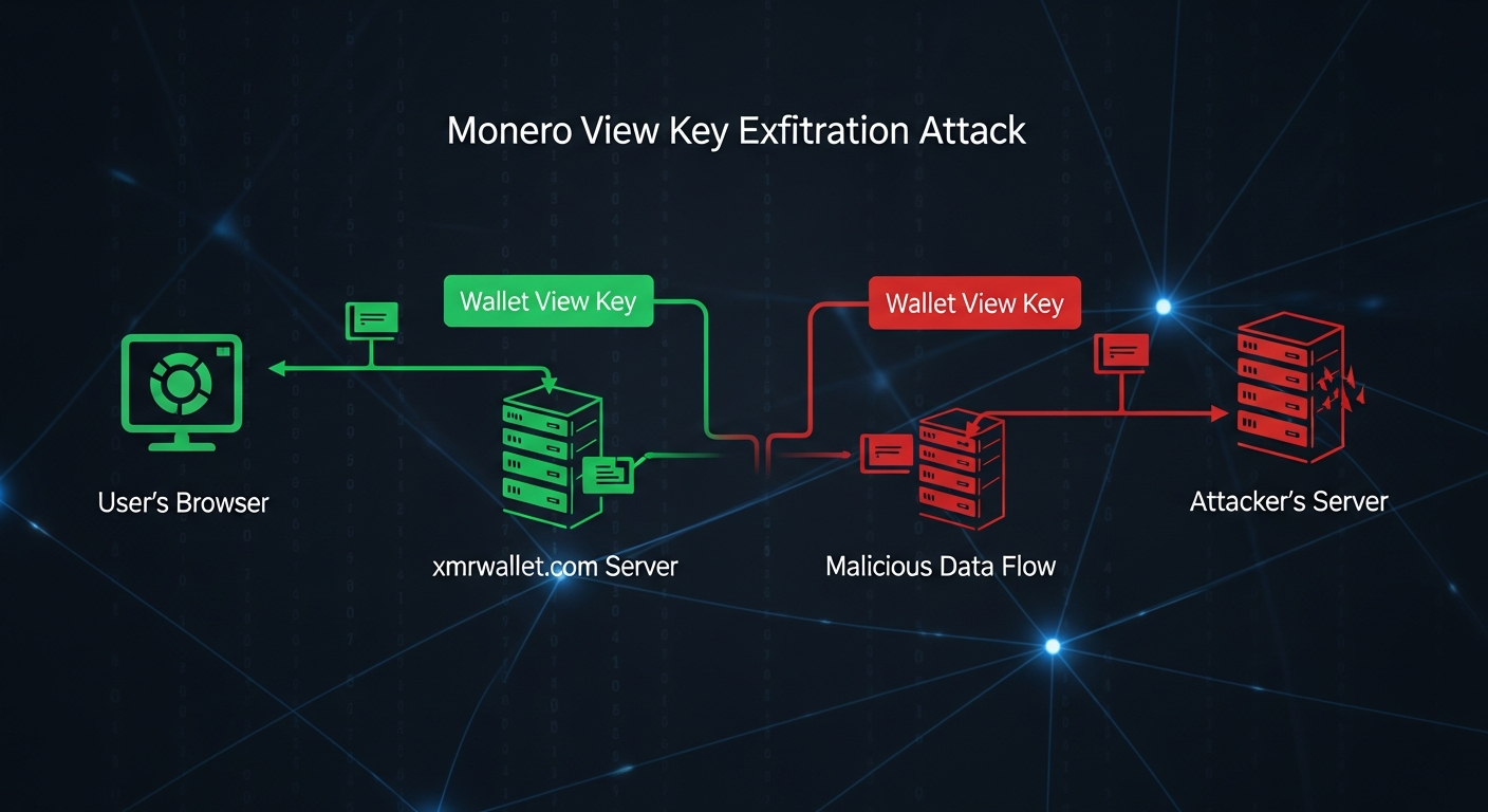 Technical diagram: Monero View Key exfiltration attack - user browser sends wallet view key to xmrwallet.com which forwards it to attacker server