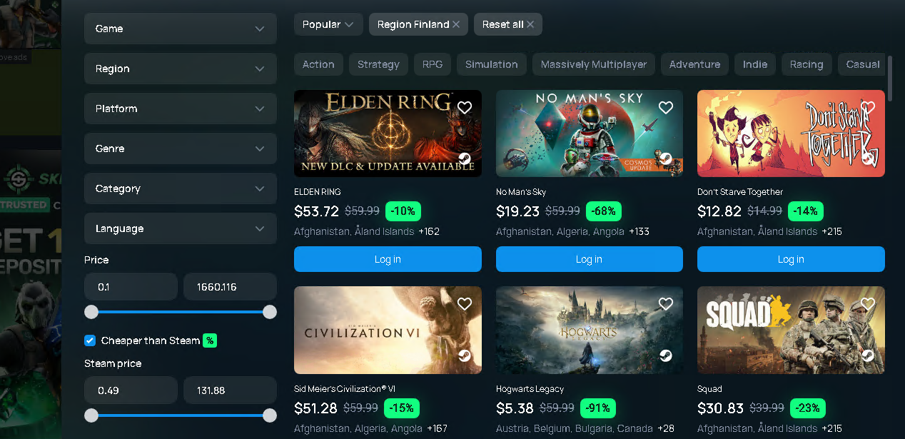 SIH game storefront with a Region Finland filter, external prices, discount percentages and a Cheaper than Steam checkbox.