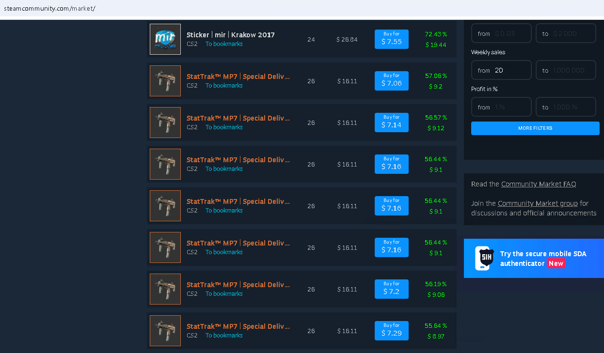 Steam Market URL above SIH external item offers and a banner promoting a mobile SDA authenticator.