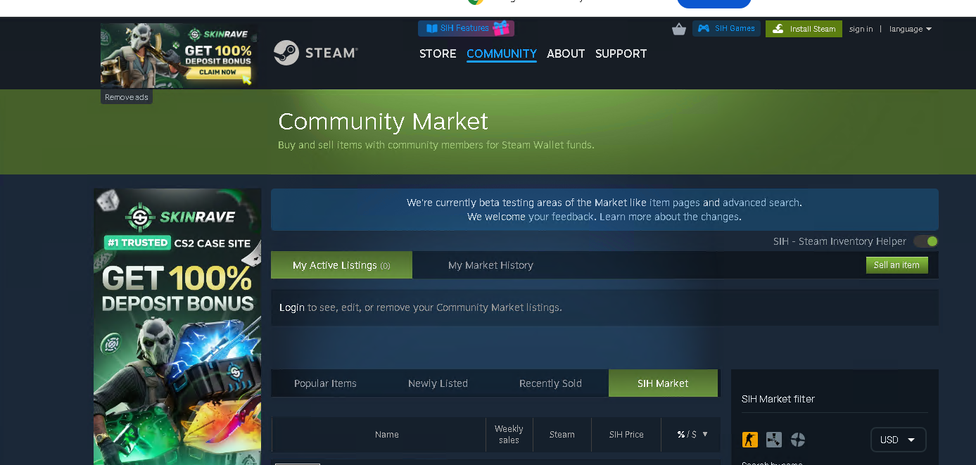 Logged-out Steam Community Market with Skinrave banners beside the Steam logo and market content, and an SIH Market tab.