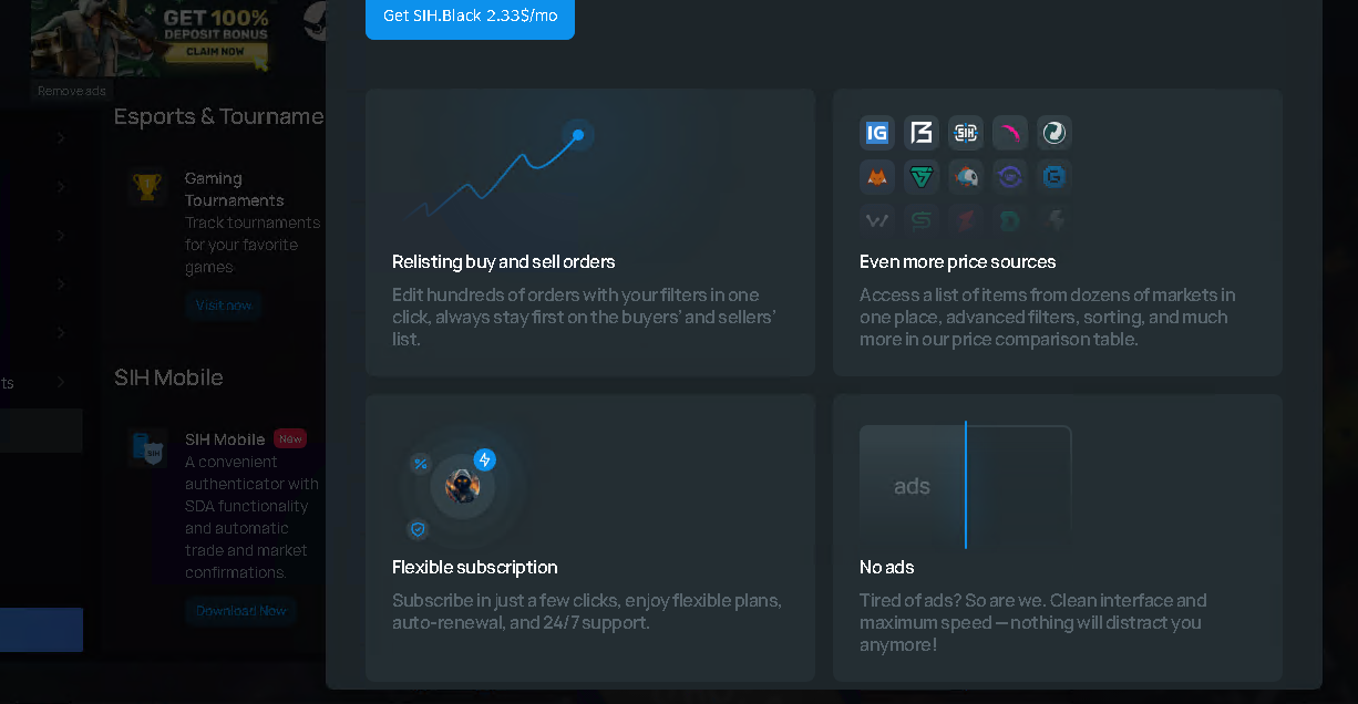 SIH.Black panel advertising a 2.33-dollar monthly offer, bulk order relisting, more price sources and No ads.