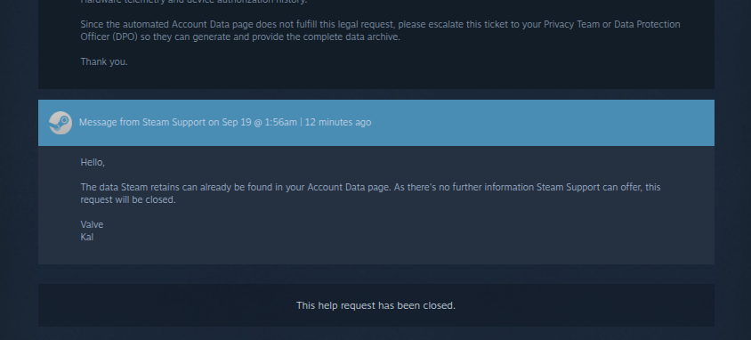 GDPR ticket HT-2YBP-F7JP-D4VB — escalation request and closure