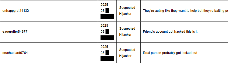 Ausschnitt mit den Accountnamen unhappyrat44132, eagerotter54677 und crushedlard9764 neben dem Meldungstext