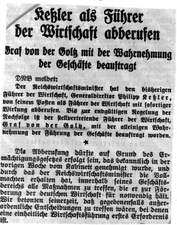 1934 newspaper clipping naming Graf von der Goltz in the headline