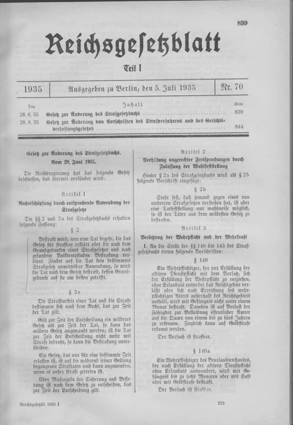 Gesetz vom 28. Juni 1935 · RGBl. I, S. 839 · Artikel 1 — Amtliches Gesetzblatt · vollständige Seite 839