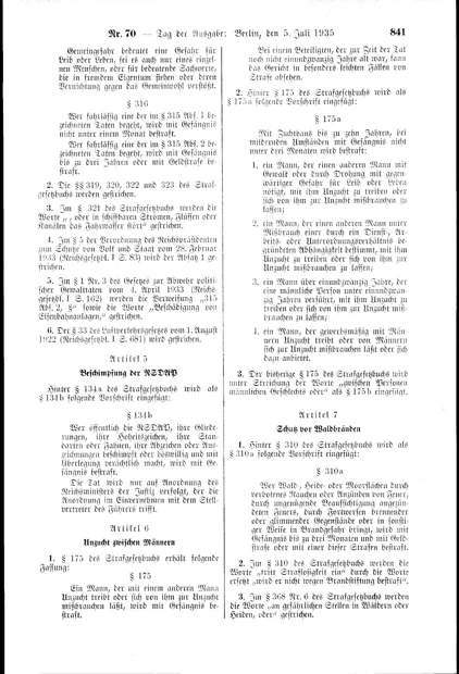 Gesetz vom 28. Juni 1935 · RGBl. I, S. 841 · Artikel 6 — Amtliches Gesetzblatt · vollständige Seite 841